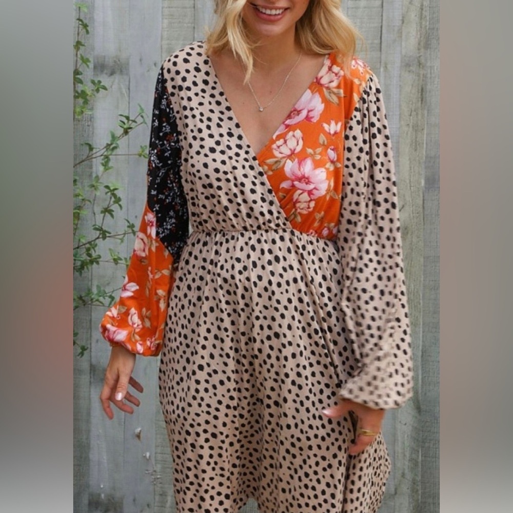 Haptics Elegant Floral and Animal Print Dot Long Sleeve Midi Length Dress M